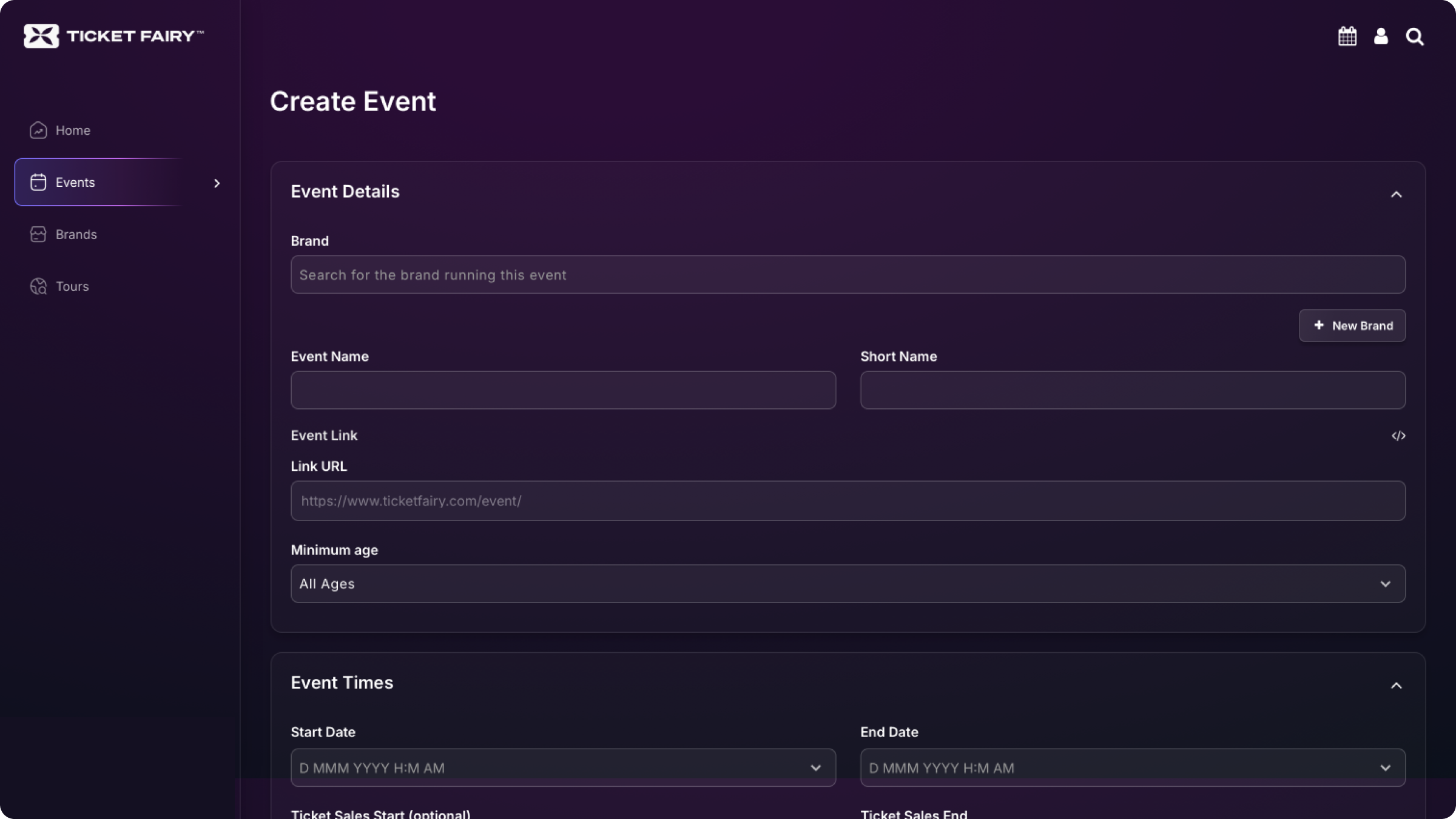 Old event-creation form — one overloaded page