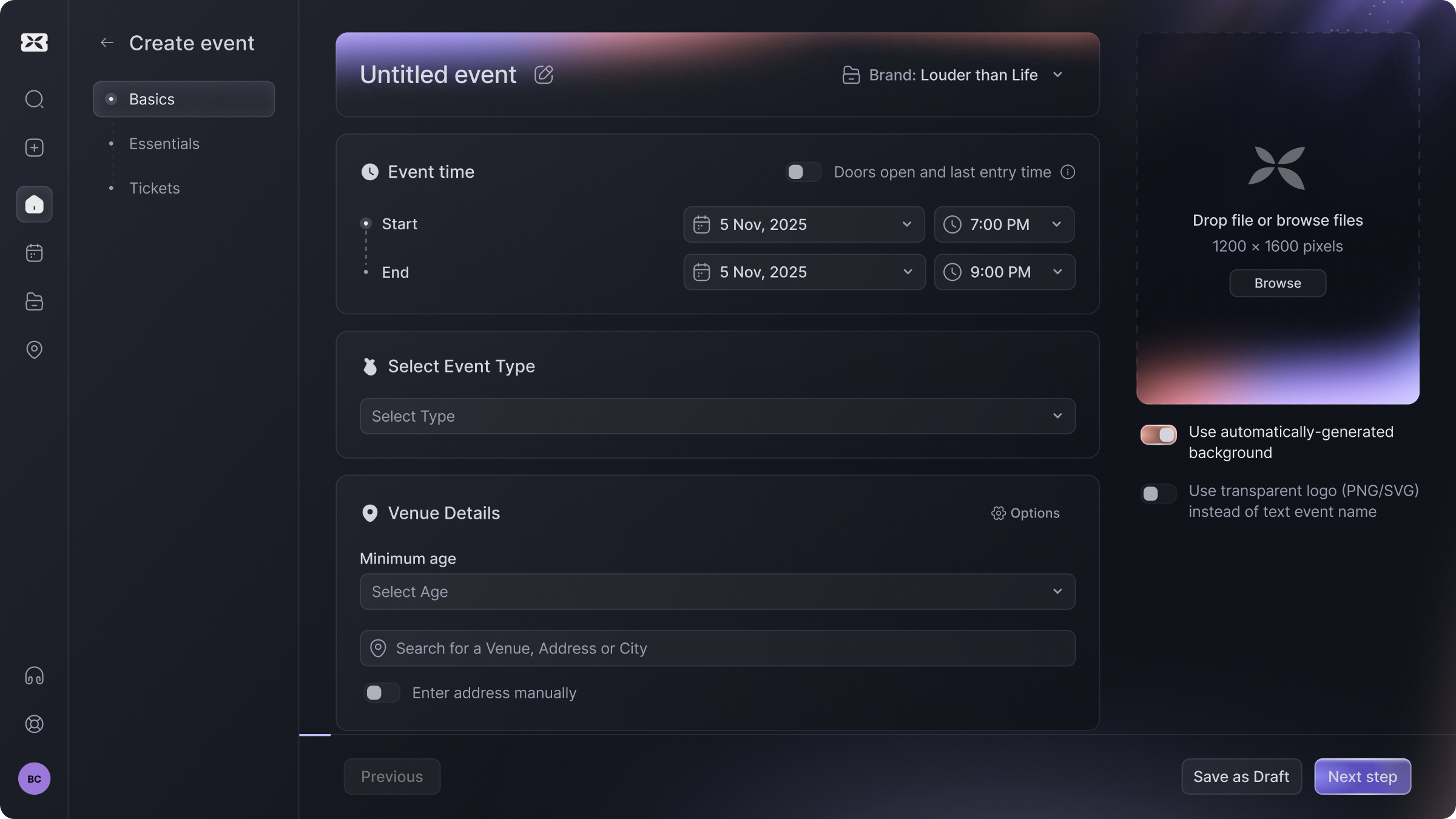 New wizard — one focused step, progress visible, tickets integrated