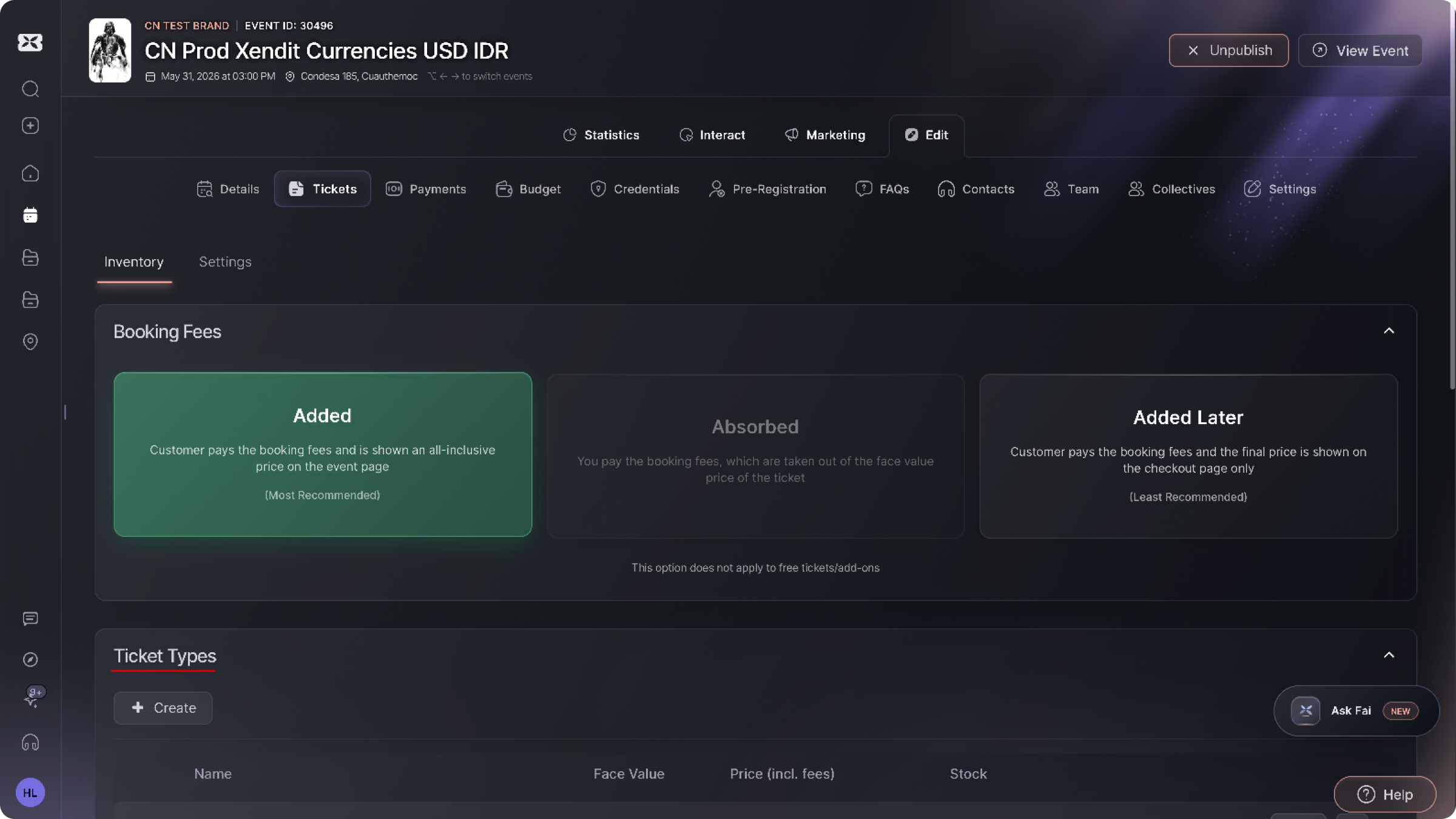 Old ticket setup form in a separate sub-menu