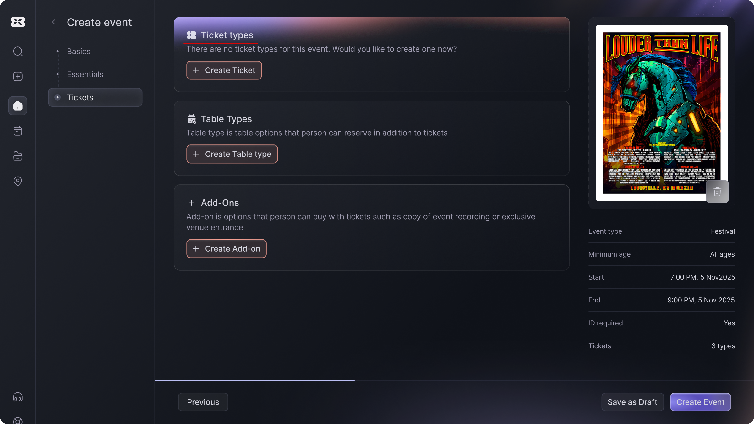 New inline ticket builder step inside the creation wizard