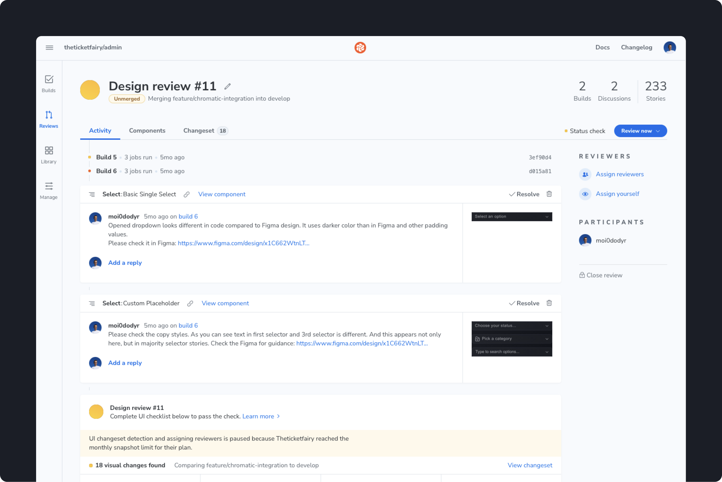 The handoff loop — components reviewed in Chromatic until they matched design intent