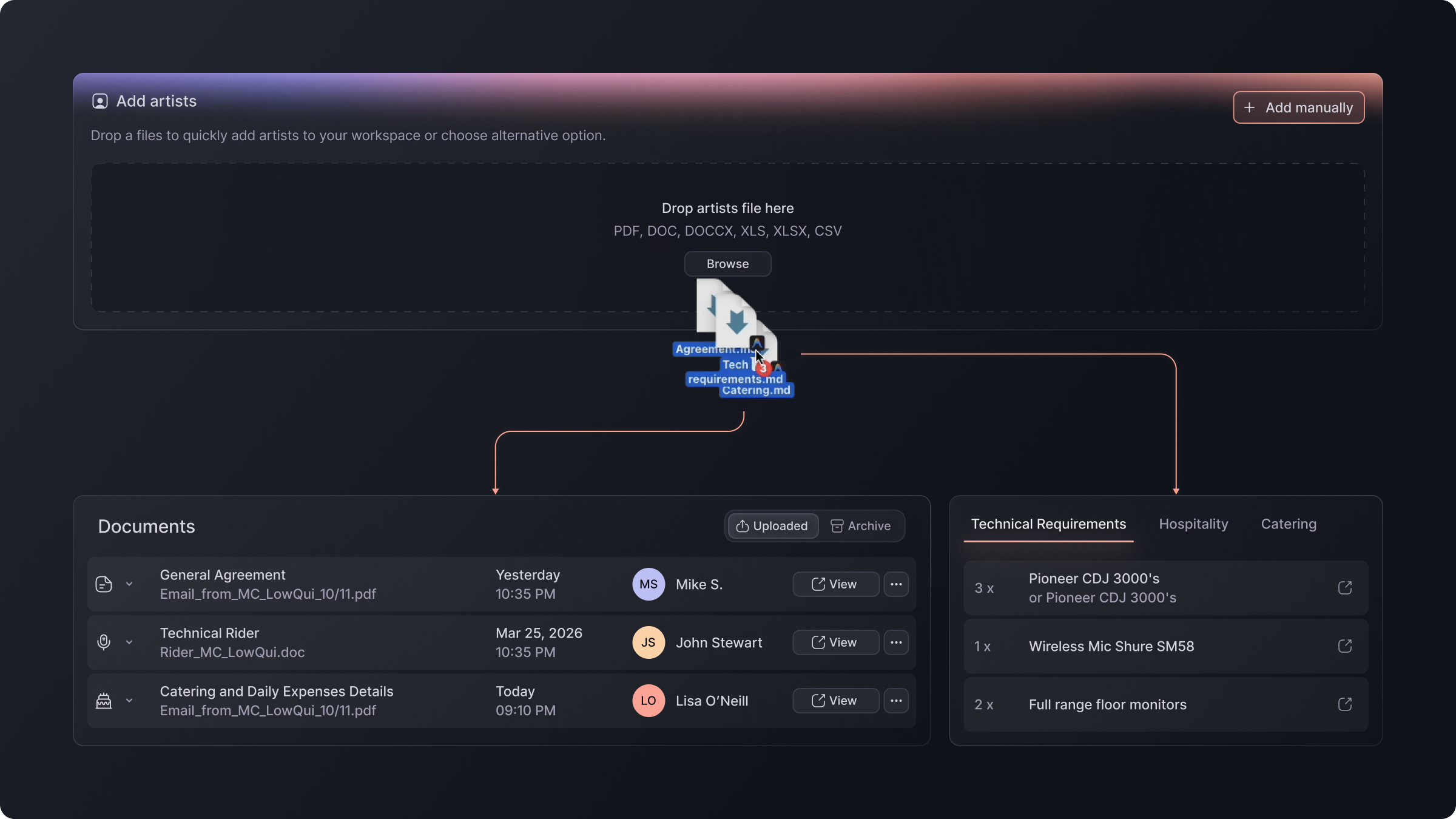 AI import flow schema — upload, parse, route, review, version conflict handling