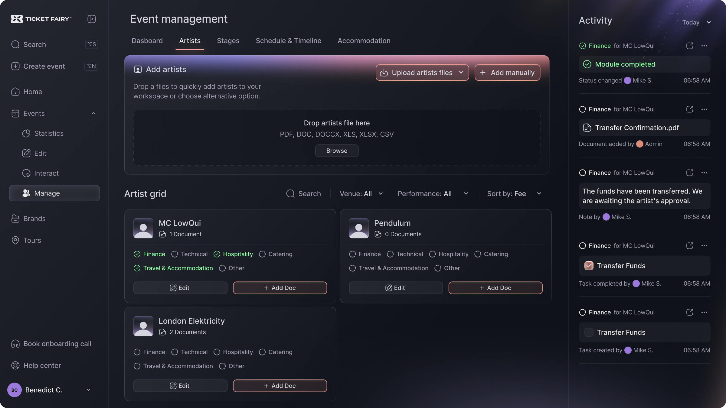 Key module screens — artist overview and logistics tracking